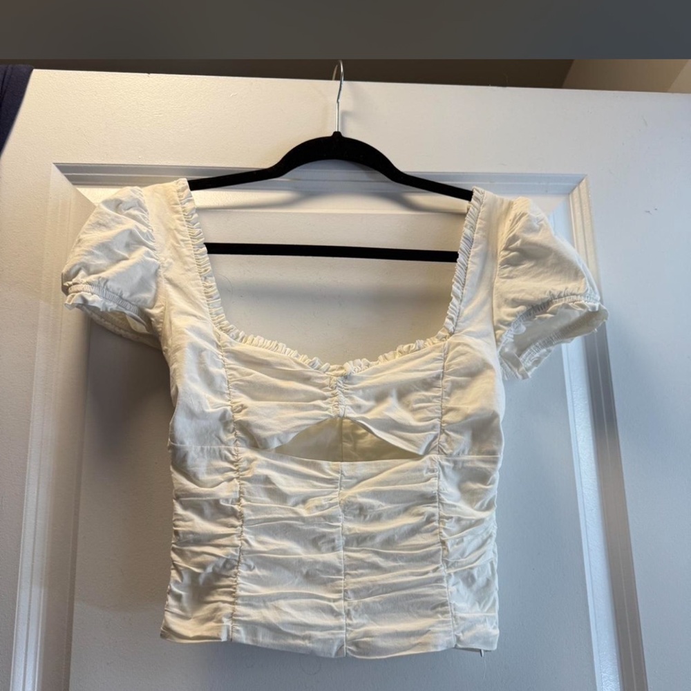 I.AM.GIA Cream Ruched Square-Neck Puff Sleeve Crop Top